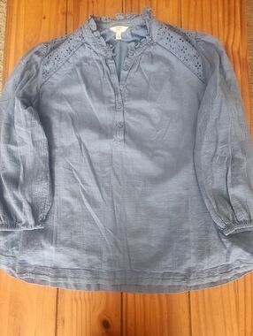crown & ivy Dusty Blue Eyelet Yoke Peasant Top